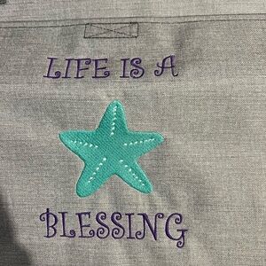 Gray Tote Bag with Teal Starfish and Purple Text